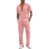 imageCOOFANDY Mens 2 Piece Outfit Casual Short Sleeve Button Down Shirt Beach Summer Loose Pant SetsPink