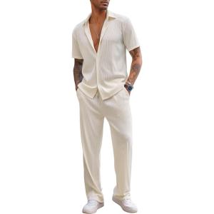 imageCOOFANDY Mens 2 Piece Outfit Casual Short Sleeve Button Down Shirt Beach Summer Loose Pant SetsBeige
