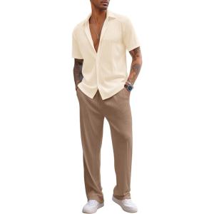 imageCOOFANDY Mens 2 Piece Outfit Casual Short Sleeve Button Down Shirt Beach Summer Loose Pant SetsBeige Brown