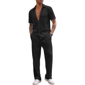 imageCOOFANDY Mens 2 Piece Outfit Casual Short Sleeve Button Down Shirt Beach Summer Loose Pant SetsBlack