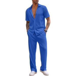imageCOOFANDY Mens 2 Piece Outfit Casual Short Sleeve Button Down Shirt Beach Summer Loose Pant SetsBlue