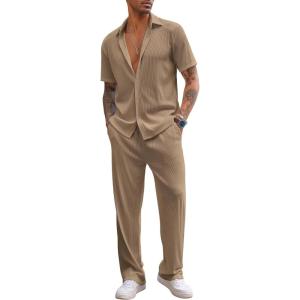 imageCOOFANDY Mens 2 Piece Outfit Casual Short Sleeve Button Down Shirt Beach Summer Loose Pant SetsBrown