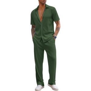 imageCOOFANDY Mens 2 Piece Outfit Casual Short Sleeve Button Down Shirt Beach Summer Loose Pant SetsDark Green