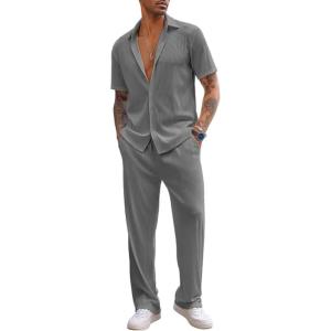 imageCOOFANDY Mens 2 Piece Outfit Casual Short Sleeve Button Down Shirt Beach Summer Loose Pant SetsDark Grey