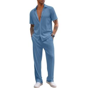imageCOOFANDY Mens 2 Piece Outfit Casual Short Sleeve Button Down Shirt Beach Summer Loose Pant SetsGrey Blue