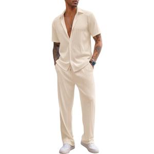 imageCOOFANDY Mens 2 Piece Outfit Casual Short Sleeve Button Down Shirt Beach Summer Loose Pant SetsKhaki