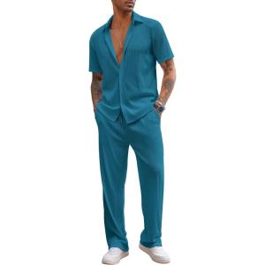 imageCOOFANDY Mens 2 Piece Outfit Casual Short Sleeve Button Down Shirt Beach Summer Loose Pant SetsLake Blue