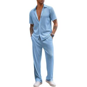imageCOOFANDY Mens 2 Piece Outfit Casual Short Sleeve Button Down Shirt Beach Summer Loose Pant SetsLight Blue