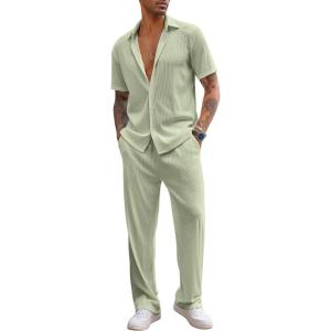 imageCOOFANDY Mens 2 Piece Outfit Casual Short Sleeve Button Down Shirt Beach Summer Loose Pant SetsLight Green