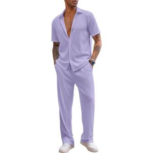 imageCOOFANDY Mens 2 Piece Outfit Casual Short Sleeve Button Down Shirt Beach Summer Loose Pant SetsLight Purple