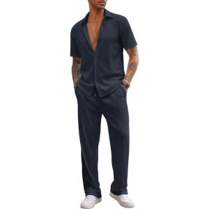 imageCOOFANDY Mens 2 Piece Outfit Casual Short Sleeve Button Down Shirt Beach Summer Loose Pant SetsNavy Blue