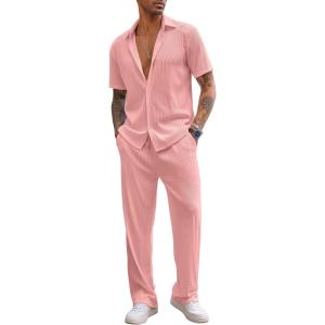 imageCOOFANDY Mens 2 Piece Outfit Casual Short Sleeve Button Down Shirt Beach Summer Loose Pant SetsPink