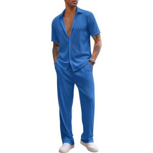 imageCOOFANDY Mens 2 Piece Outfit Casual Short Sleeve Button Down Shirt Beach Summer Loose Pant SetsRoyal Blue