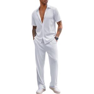 imageCOOFANDY Mens 2 Piece Outfit Casual Short Sleeve Button Down Shirt Beach Summer Loose Pant SetsWhite