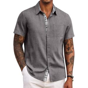 imageCOOFANDY Mens Button Down Shirts Short Sleeve Casual Shirts Summer Beach Shirts Vacation Wedding Shirts with PocketAdark Grey