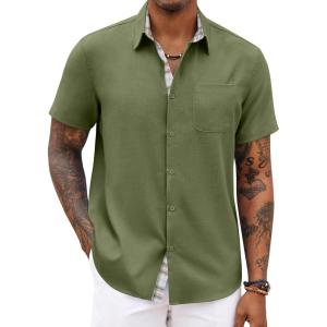 imageCOOFANDY Mens Button Down Shirts Short Sleeve Casual Shirts Summer Beach Shirts Vacation Wedding Shirts with PocketArmy Green