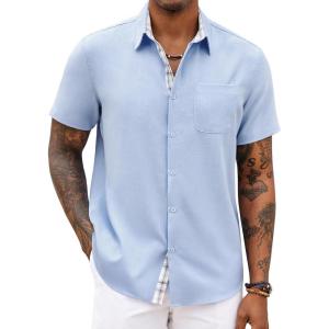 imageCOOFANDY Mens Button Down Shirts Short Sleeve Casual Shirts Summer Beach Shirts Vacation Wedding Shirts with PocketClear Blue