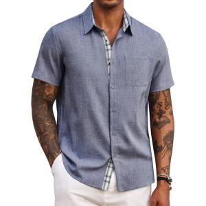 imageCOOFANDY Mens Button Down Shirts Short Sleeve Casual Shirts Summer Beach Shirts Vacation Wedding Shirts with PocketDark Blue