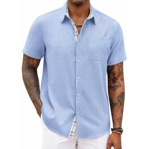 imageCOOFANDY Mens Button Down Shirts Short Sleeve Casual Shirts Summer Beach Shirts Vacation Wedding Shirts with PocketDenim Blue