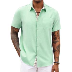 imageCOOFANDY Mens Button Down Shirts Short Sleeve Casual Shirts Summer Beach Shirts Vacation Wedding Shirts with PocketIce Green