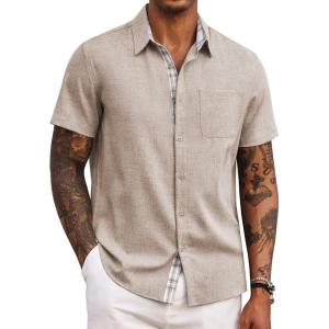 imageCOOFANDY Mens Button Down Shirts Short Sleeve Casual Shirts Summer Beach Shirts Vacation Wedding Shirts with PocketKhaki