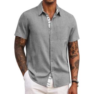 imageCOOFANDY Mens Button Down Shirts Short Sleeve Casual Shirts Summer Beach Shirts Vacation Wedding Shirts with PocketLight Grey