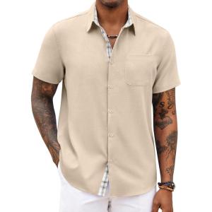 imageCOOFANDY Mens Button Down Shirts Short Sleeve Casual Shirts Summer Beach Shirts Vacation Wedding Shirts with PocketLight Khaki