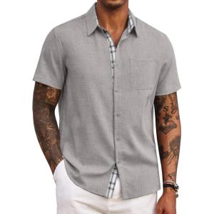 imageCOOFANDY Mens Button Down Shirts Short Sleeve Casual Shirts Summer Beach Shirts Vacation Wedding Shirts with PocketPale Grey