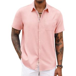 imageCOOFANDY Mens Button Down Shirts Short Sleeve Casual Shirts Summer Beach Shirts Vacation Wedding Shirts with PocketPink