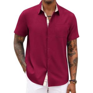 imageCOOFANDY Mens Button Down Shirts Short Sleeve Casual Shirts Summer Beach Shirts Vacation Wedding Shirts with PocketWine Red