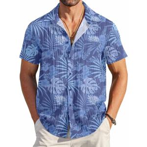 imageCOOFANDY Mens Casual Button Down Shirts Short Sleeve Textured Summer Beach Shirt with PocketGray Blueleaves