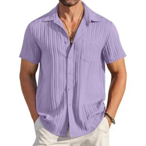 imageCOOFANDY Mens Casual Button Down Shirts Short Sleeve Textured Summer Beach Shirt with PocketLight Purple