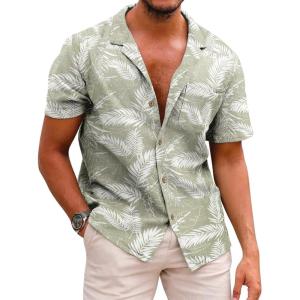imageCOOFANDY Mens Hawaiian Shirt Short Sleeve Buttoon Down Shirts Casual Tropical Floral Summer Linen ShirtsAgreen Palm Leaf