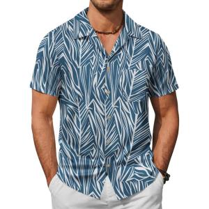 imageCOOFANDY Mens Hawaiian Shirt Short Sleeve Buttoon Down Shirts Casual Tropical Floral Summer Linen ShirtsBlue Leaves