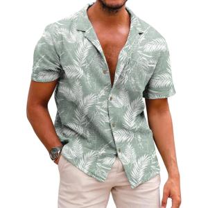 imageCOOFANDY Mens Hawaiian Shirt Short Sleeve Buttoon Down Shirts Casual Tropical Floral Summer Linen ShirtsCeladon Green Palm Leaf