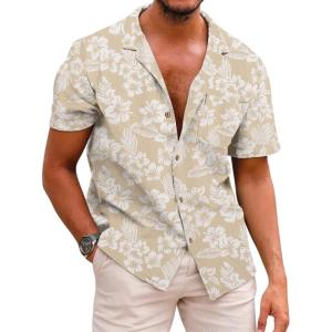imageCOOFANDY Mens Hawaiian Shirt Short Sleeve Buttoon Down Shirts Casual Tropical Floral Summer Linen ShirtsKhaki Floral