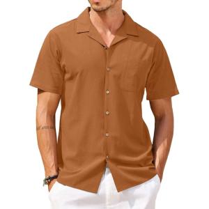 imageCOOFANDY Mens Hawaiian Shirt Short Sleeve Buttoon Down Shirts Casual Tropical Floral Summer Linen ShirtsLight Brown
