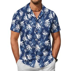 imageCOOFANDY Mens Hawaiian Shirt Short Sleeve Buttoon Down Shirts Casual Tropical Floral Summer Linen ShirtsNavy Leaves