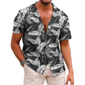 imageCOOFANDY Mens Hawaiian Shirt Short Sleeve Buttoon Down Shirts Casual Tropical Floral Summer Linen ShirtsPalm Leafblack