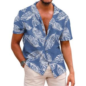 imageCOOFANDY Mens Hawaiian Shirt Short Sleeve Buttoon Down Shirts Casual Tropical Floral Summer Linen ShirtsPalm Leafdenim Blue