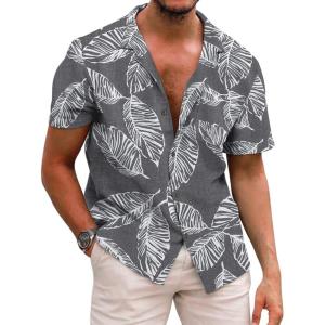 imageCOOFANDY Mens Hawaiian Shirt Short Sleeve Buttoon Down Shirts Casual Tropical Floral Summer Linen ShirtsPalm Leafgrey