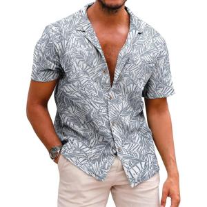 imageCOOFANDY Mens Hawaiian Shirt Short Sleeve Buttoon Down Shirts Casual Tropical Floral Summer Linen ShirtsPalm Leaflight Blue
