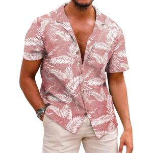 imageCOOFANDY Mens Hawaiian Shirt Short Sleeve Buttoon Down Shirts Casual Tropical Floral Summer Linen ShirtsPalm Leafpink