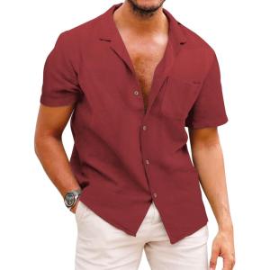 imageCOOFANDY Mens Hawaiian Shirt Short Sleeve Buttoon Down Shirts Casual Tropical Floral Summer Linen ShirtsWine Red