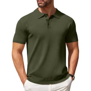 imageCOOFANDY Mens Knit Polo Shirts Casual Short Sleeve Button Down Polo Shirt Classic Golf ShirtsArmy Green