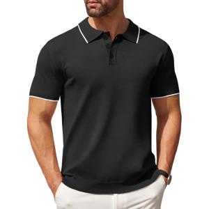 imageCOOFANDY Mens Knit Polo Shirts Casual Short Sleeve Button Down Polo Shirt Classic Golf ShirtsEblack White Striped