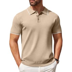imageCOOFANDY Mens Knit Polo Shirts Casual Short Sleeve Button Down Polo Shirt Classic Golf ShirtsEkhaki White Striped
