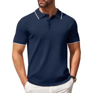imageCOOFANDY Mens Knit Polo Shirts Casual Short Sleeve Button Down Polo Shirt Classic Golf ShirtsEnavy Blue White Striped