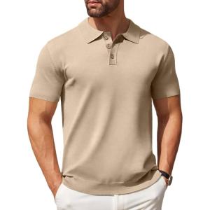 imageCOOFANDY Mens Knit Polo Shirts Casual Short Sleeve Button Down Polo Shirt Classic Golf ShirtsKhaki