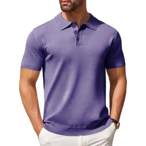 imageCOOFANDY Mens Knit Polo Shirts Casual Short Sleeve Button Down Polo Shirt Classic Golf ShirtsLight Purple